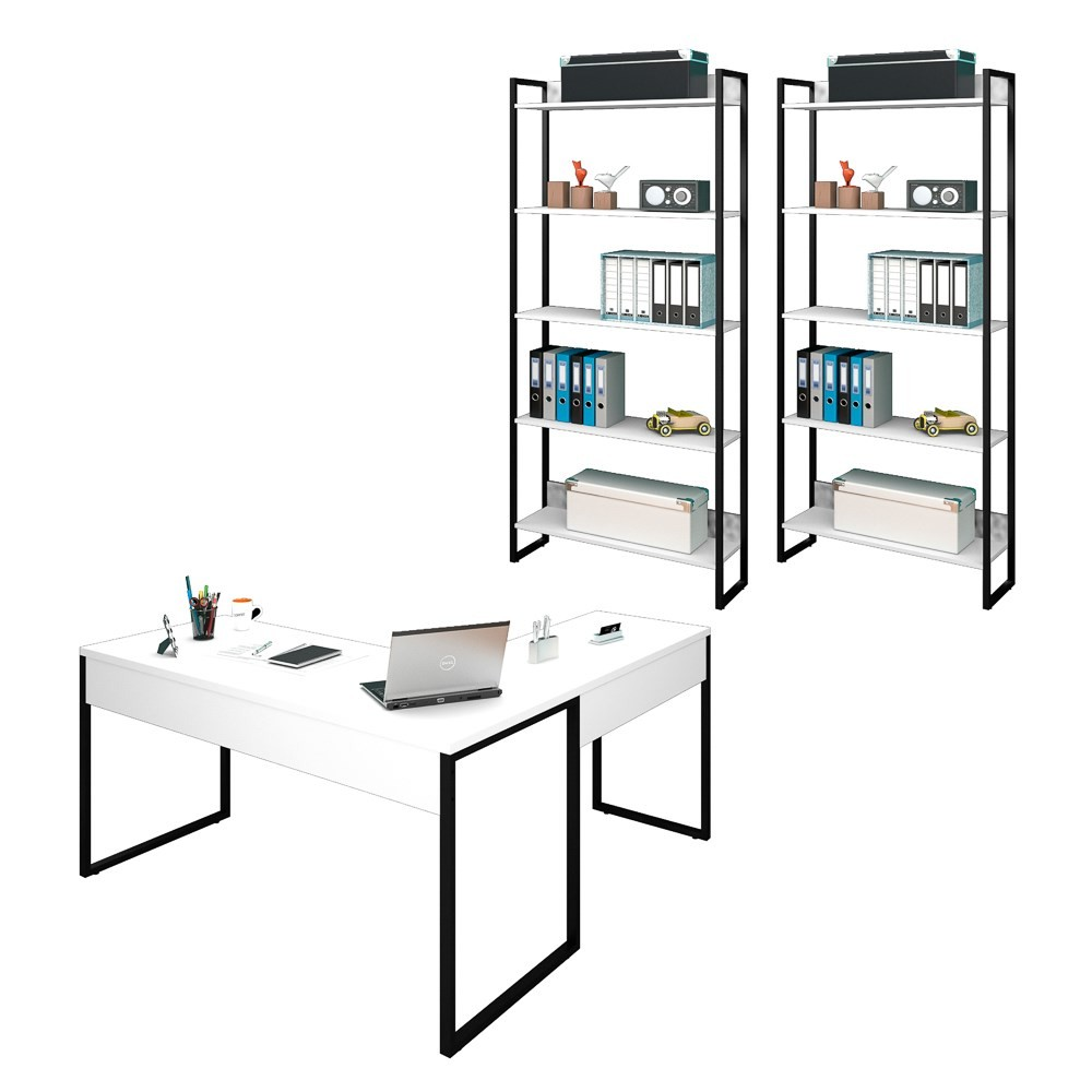 Conjunto Escritório 3 peças 1 Mesa em L e 2 Estantes Studio Industrial M18 Branco - Mpozenato Conjunto Escritório 3 peças 1 Mesa em L e 2 Estantes Studio Industrial M18 Branco - Mpozenato