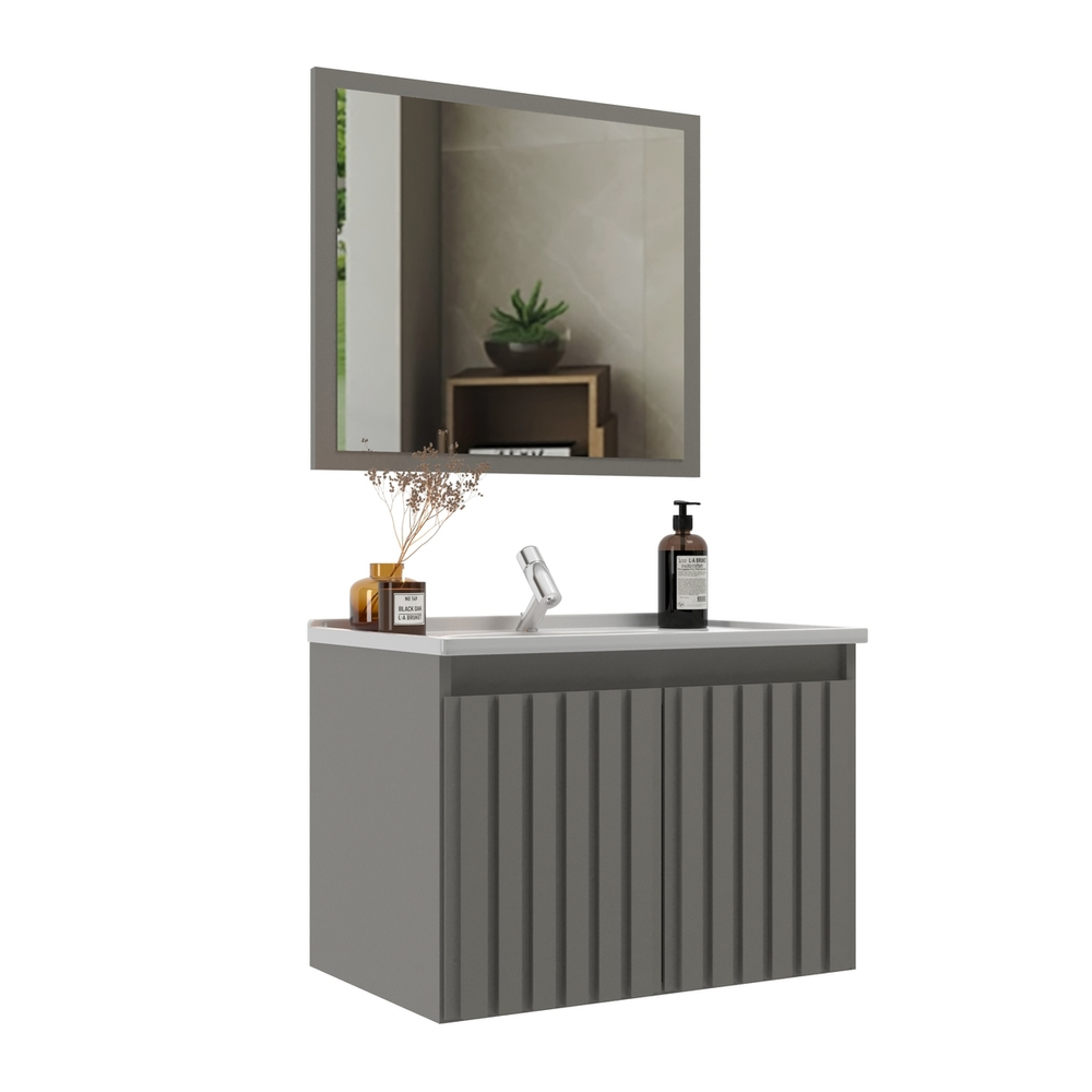 Gabinete Banheiro 60cm com Espelheira e Cuba Multimóveis CR10104 Cimento Gabinete Banheiro 60cm com Espelheira e Cuba Multimóveis CR10104 Cimento