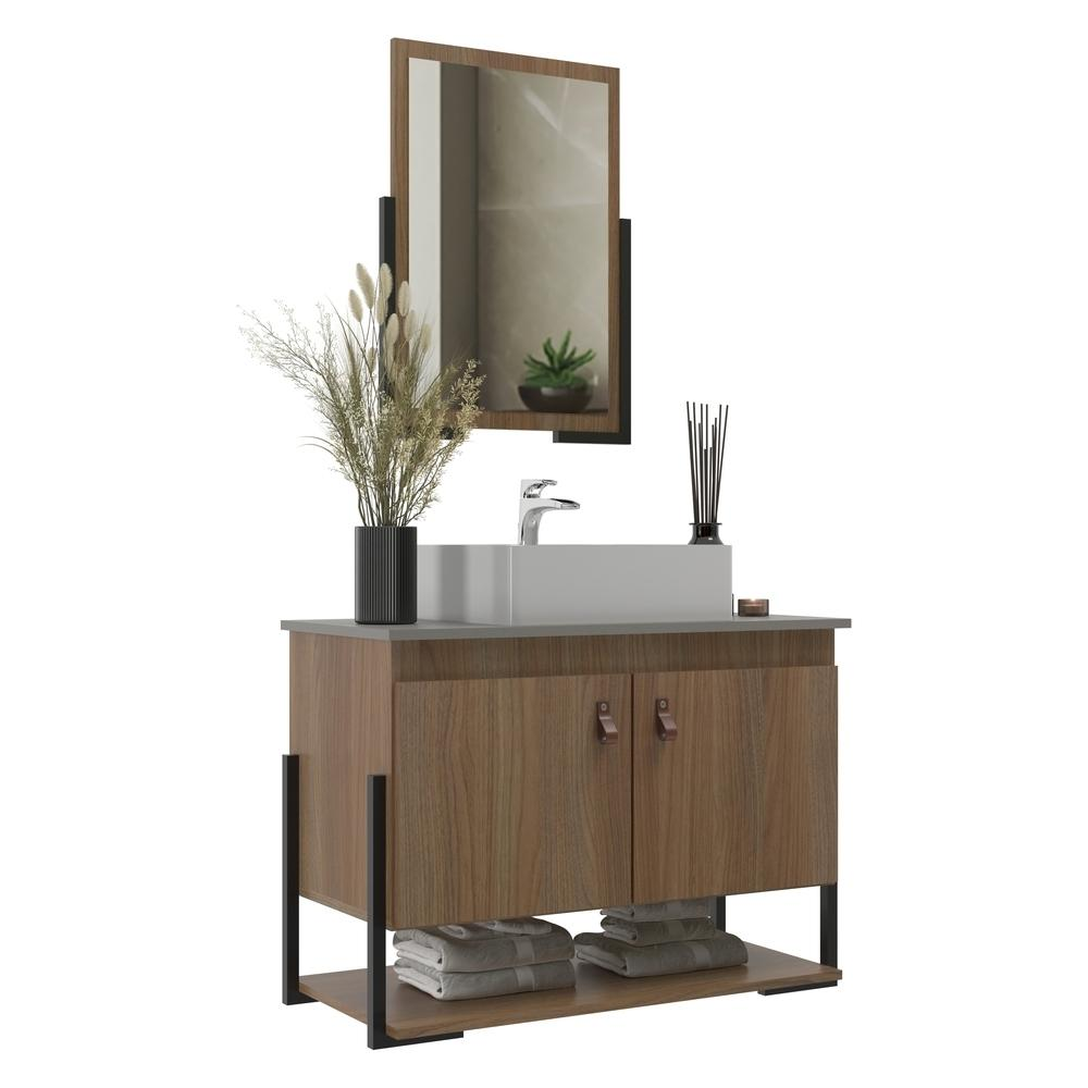 Gabinete Banheiro 60cm 2 Portas com Cuba e Espelheira Multimóveis CR10106 Noce/Cimento Gabinete Banheiro 60cm 2 Portas com Cuba e Espelheira Multimóveis CR10106 Noce/Cimento