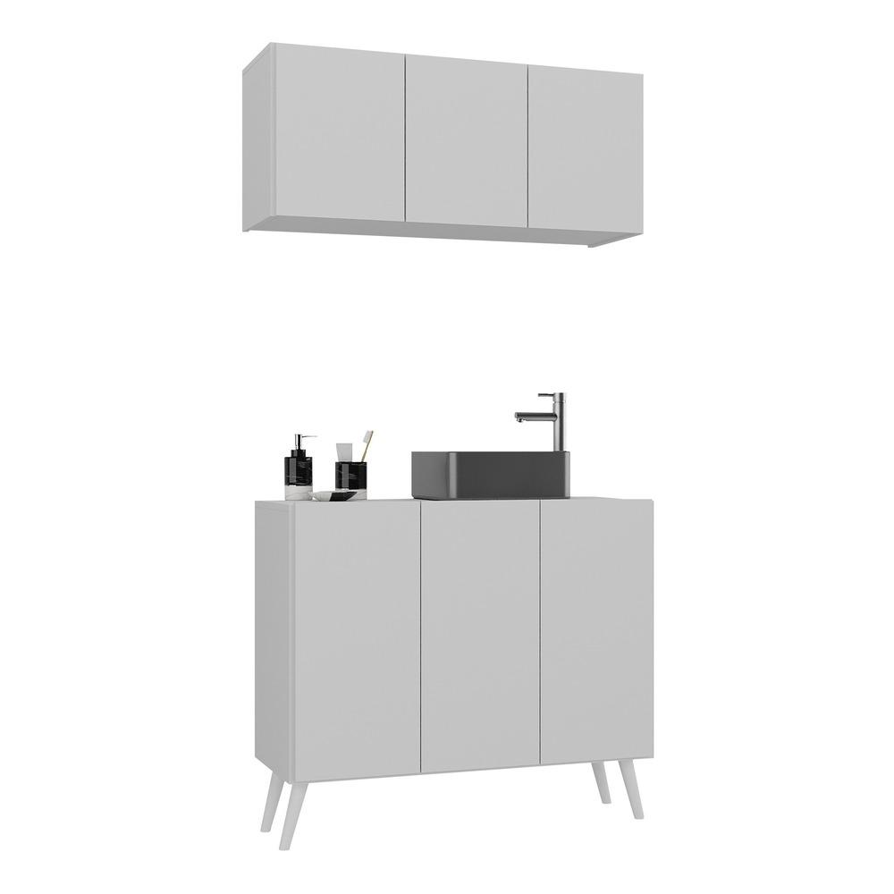 Conjunto Gabinete de Banheiro e Armário Aéreo 3 Portas Retrô Multimóveis MP5055 Branco Conjunto Gabinete de Banheiro e Armário Aéreo 3 Portas Retrô Multimóveis MP5055 Branco