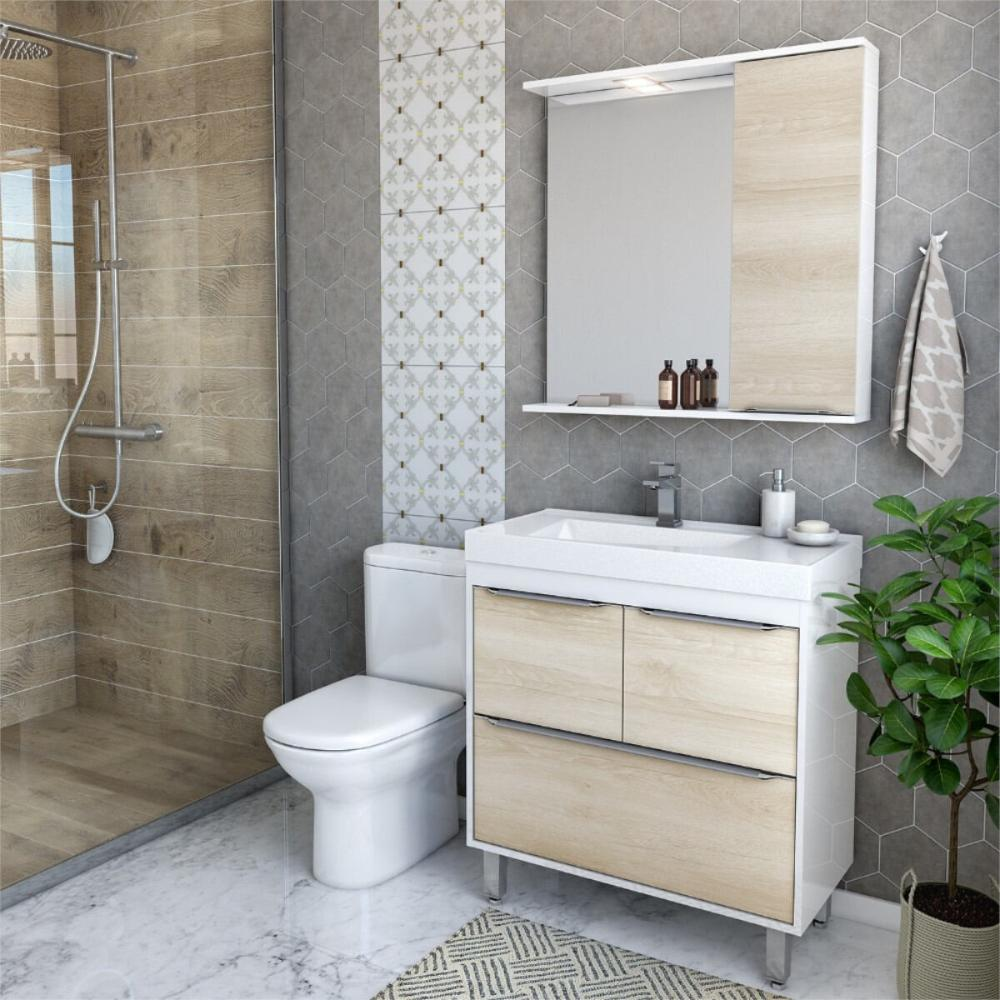 Gabinete de Banheiro com Cuba e Espelheira com LED 79,5cm Multimóveis CR10131 Branco/Legno Crema Gabinete de Banheiro com Cuba e Espelheira com LED 79,5cm Multimóveis CR10131 Branco/Legno Crema