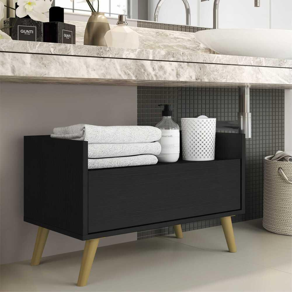 Gabinete Armário Banheiro 60 cm c/ Pés Retrô Multimóveis Preto/Natural Gabinete Armário Banheiro 60 cm c/ Pés Retrô Multimóveis Preto/Natural