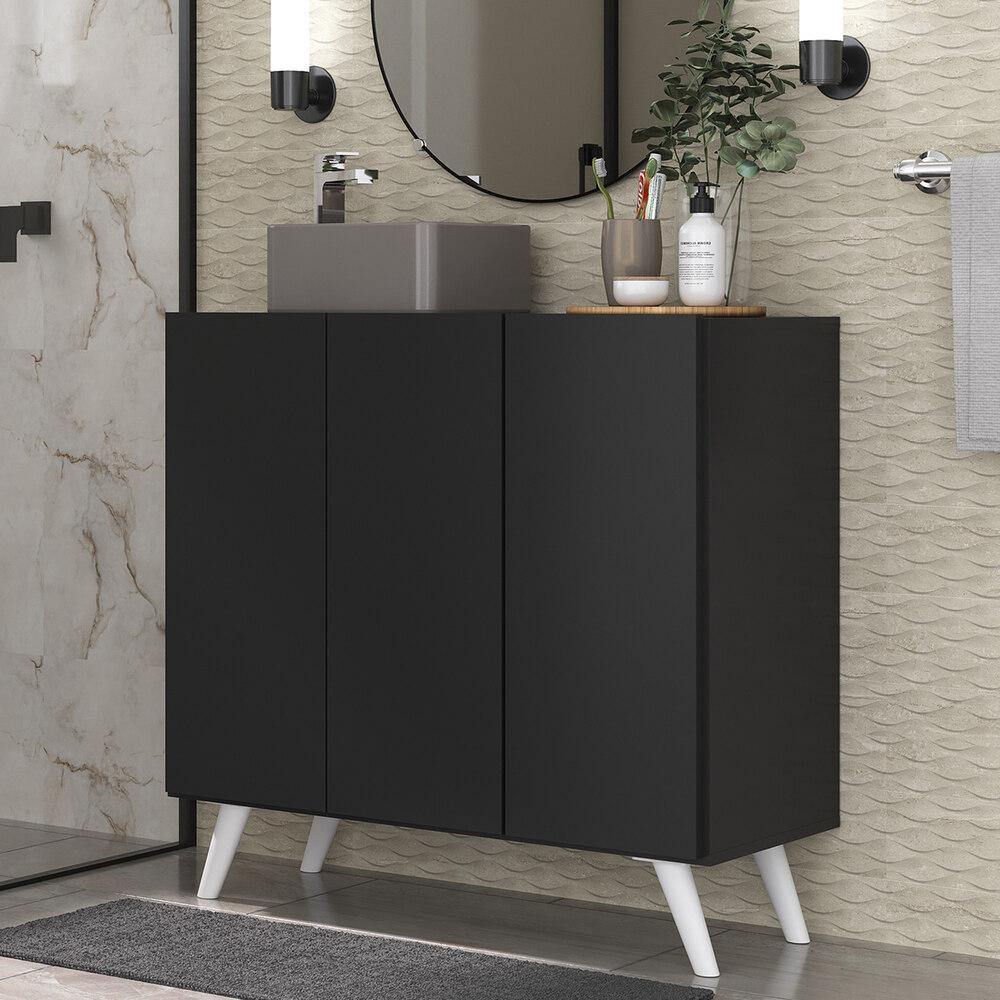 Gabinete Banheiro 3 Portas Retrô 90cm Multimóveis MP5030 Preto/Branco Gabinete Banheiro 3 Portas Retrô 90cm Multimóveis MP5030 Preto/Branco