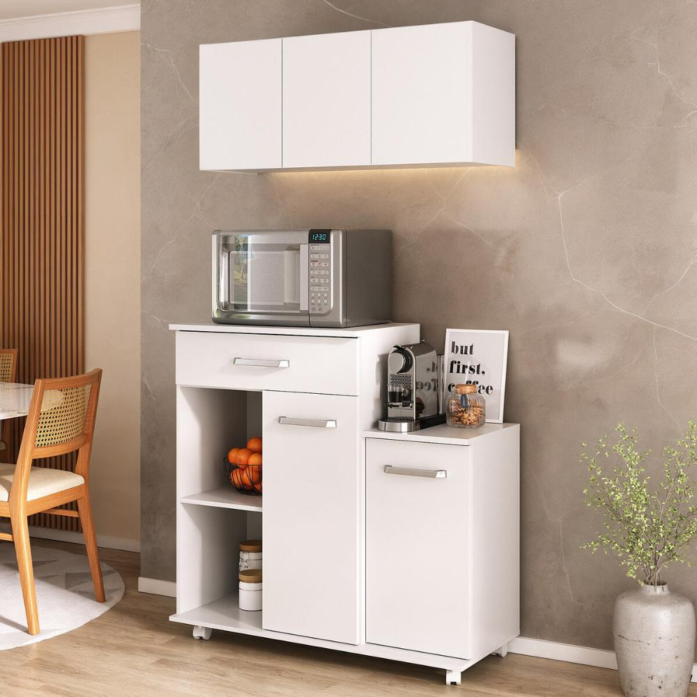 Kit Armário de Cozinha 93cm com Balcão Multiuso para Micro-ondas Multimóveis MP2282 Branco Kit Armário de Cozinha 93cm com Balcão Multiuso para Micro-ondas Multimóveis MP2282 Branco
