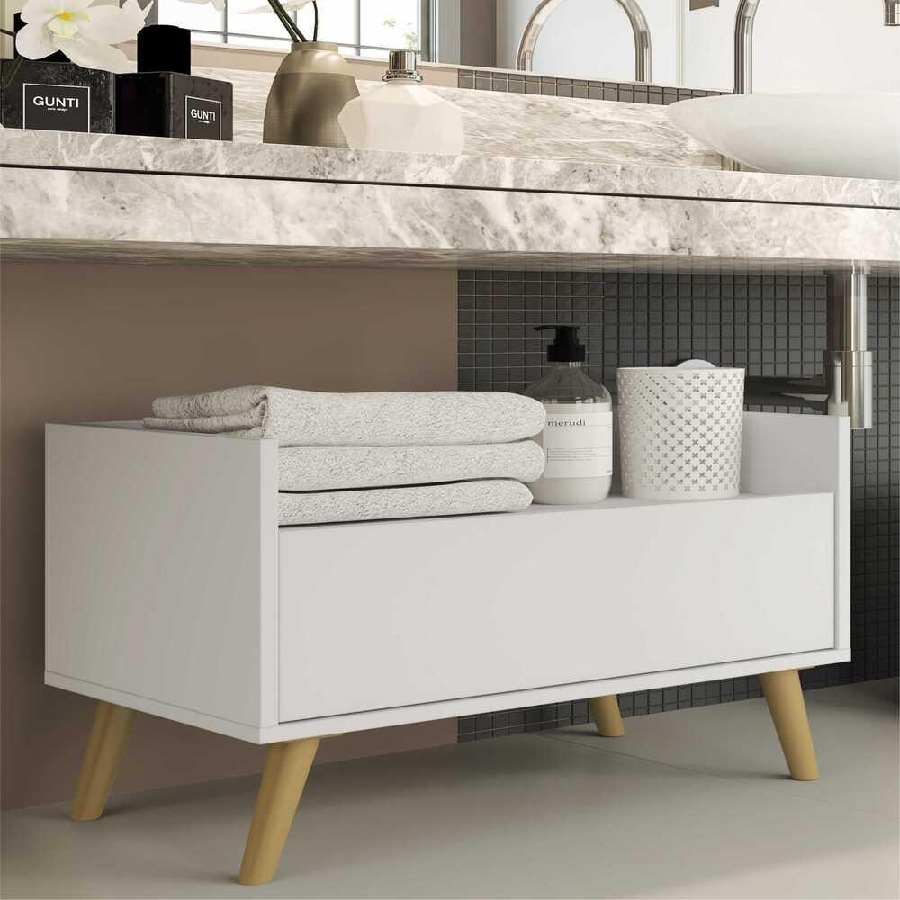 Gabinete Balcão Banheiro 80 cm c/ Pés Retrô Multimóveis Branco/Natural Gabinete Balcão Banheiro 80 cm c/ Pés Retrô Multimóveis Branco/Natural