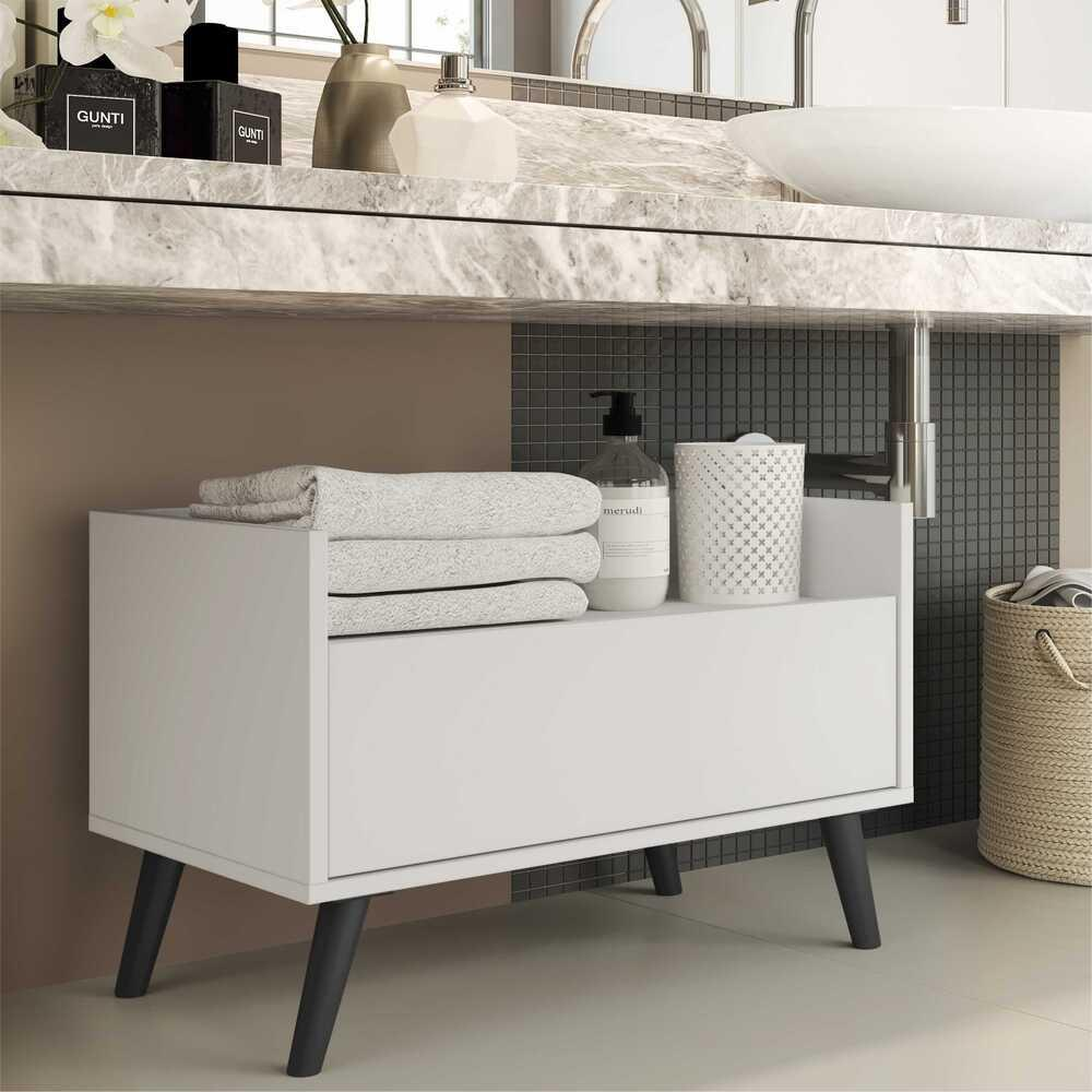 Gabinete Armário Banheiro 60 cm c/ Pés Retrô Multimóveis Branco/Preto Gabinete Armário Banheiro 60 cm c/ Pés Retrô Multimóveis Branco/Preto