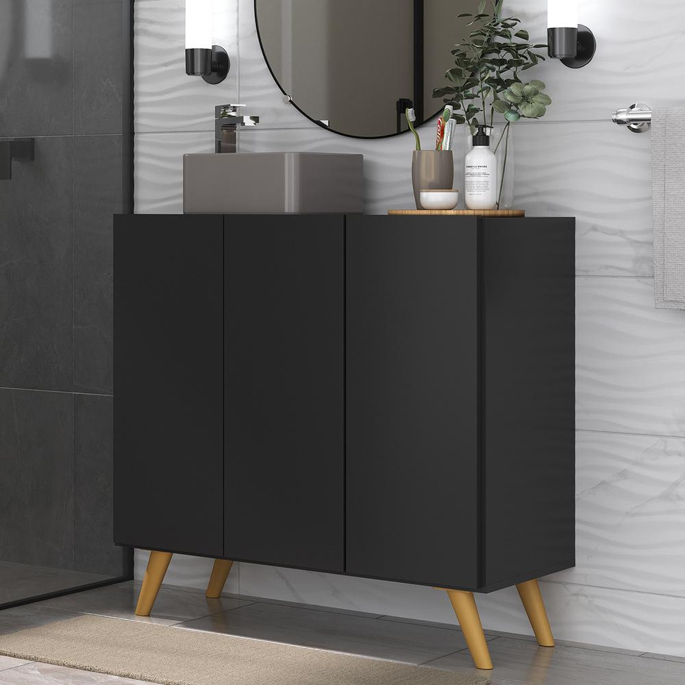 Gabinete Banheiro 3 Portas Retrô 90cm Multimóveis MP5030 Preto/Natural Gabinete Banheiro 3 Portas Retrô 90cm Multimóveis MP5030 Preto/Natural