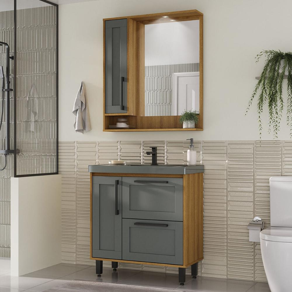 Gabinete de Banheiro com Cuba e Espelheira com LED 80cm Multimóveis CR10140 Lâmina Mel/Grafite Gabinete de Banheiro com Cuba e Espelheira com LED 80cm Multimóveis CR10140 Lâmina Mel/Grafite