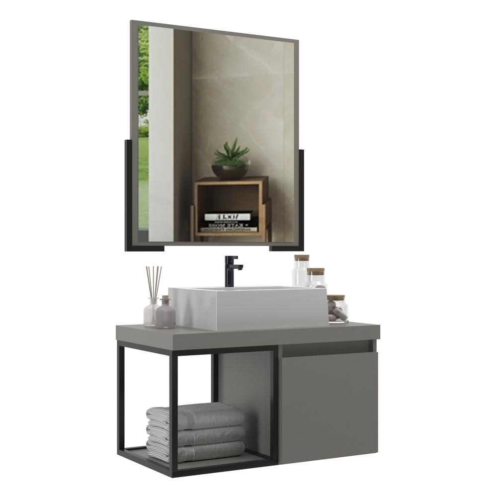 Gabinete Banheiro 80cm com Cuba e Espelheira Multimóveis CR10107 Cimento Gabinete Banheiro 80cm com Cuba e Espelheira Multimóveis CR10107 Cimento