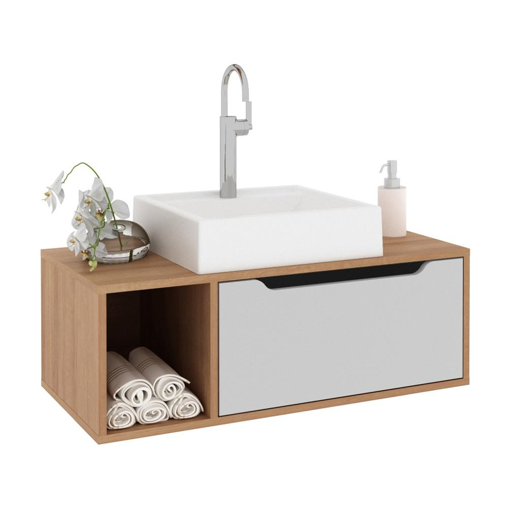 Gabinete Banheiro 80cm com 1 Porta e Nicho Multimóveis CR10122 Amêndoa/Branco Gabinete Banheiro 80cm com 1 Porta e Nicho Multimóveis CR10122 Amêndoa/Branco