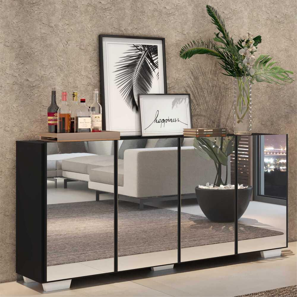 Aparador Buffet 4 portas c/ Espelho e Pés Quadrados Vegas Multimóveis Preto/Branco