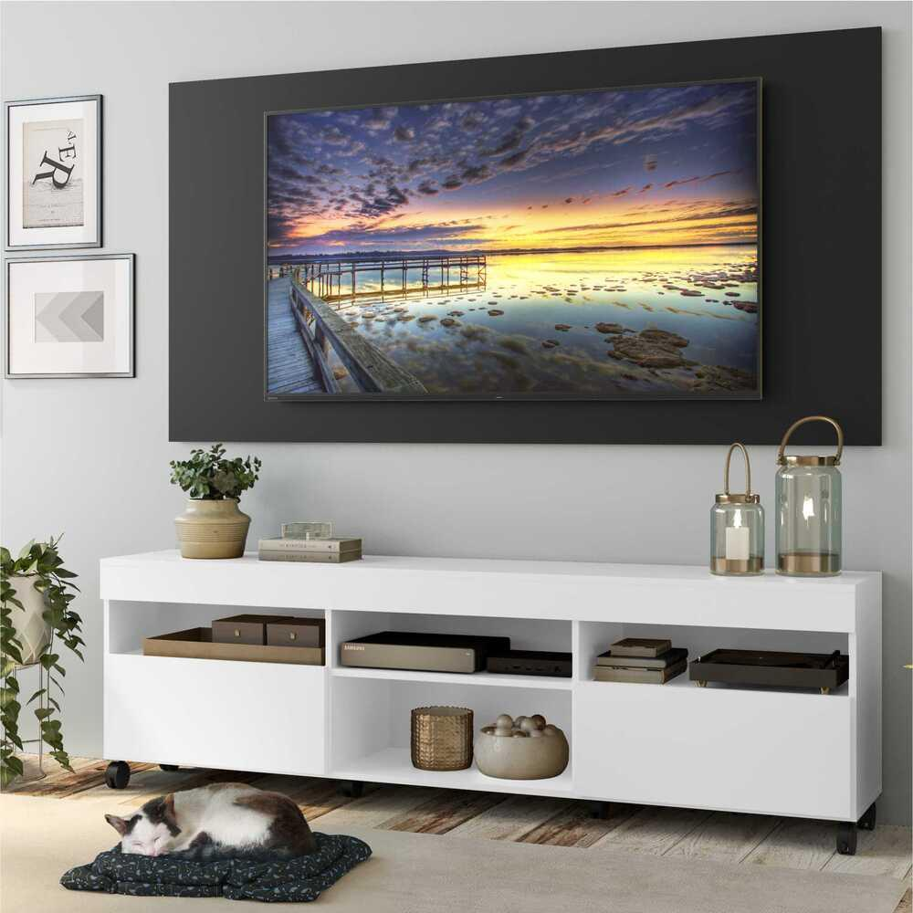 Rack com Painel e Suporte TV 65" com Rodízios e 2 portas Londres Multimóveis Branco/Preto Rack com Painel e Suporte TV 65" com Rodízios e 2 portas Londres Multimóveis Branco/Preto