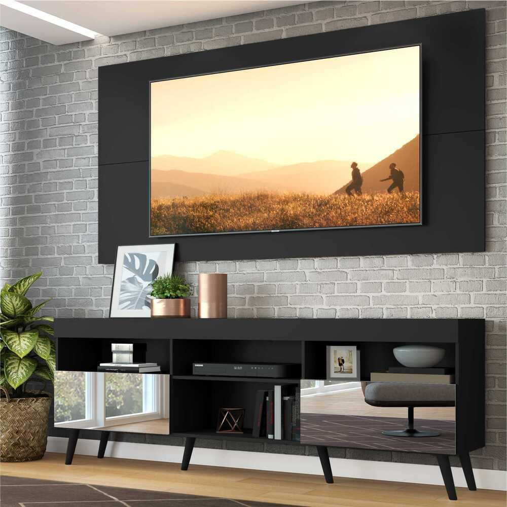 Rack c/ Painel e Suporte TV 65" c/ Espelho e Pés Retrô Flórida Multimóveis Preto Rack c/ Painel e Suporte TV 65" c/ Espelho e Pés Retrô Flórida Multimóveis Preto