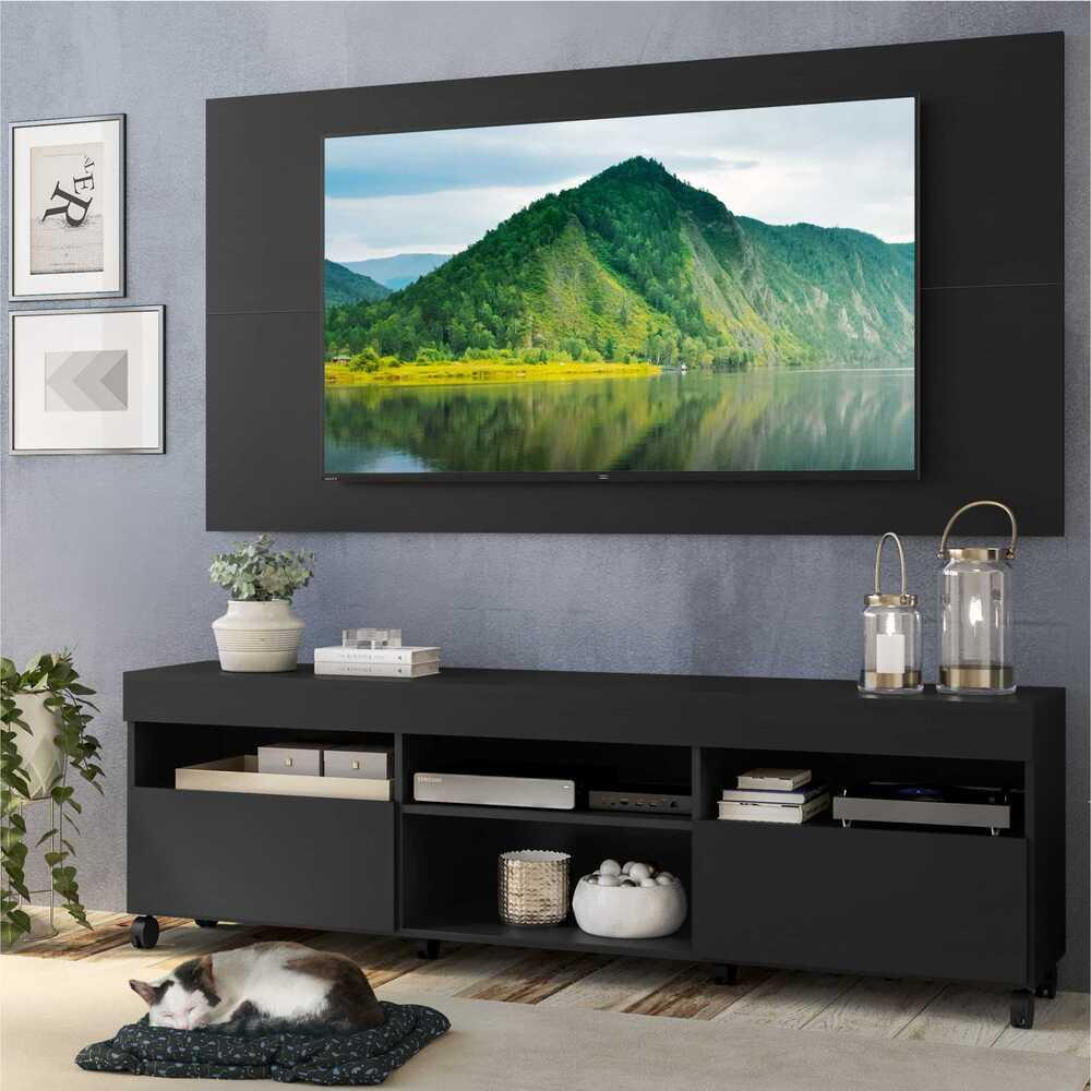Rack com Painel para TV até 65" com Rodízios e 2 portas Londres Multimóveis Preto Rack com Painel para TV até 65" com Rodízios e 2 portas Londres Multimóveis Preto