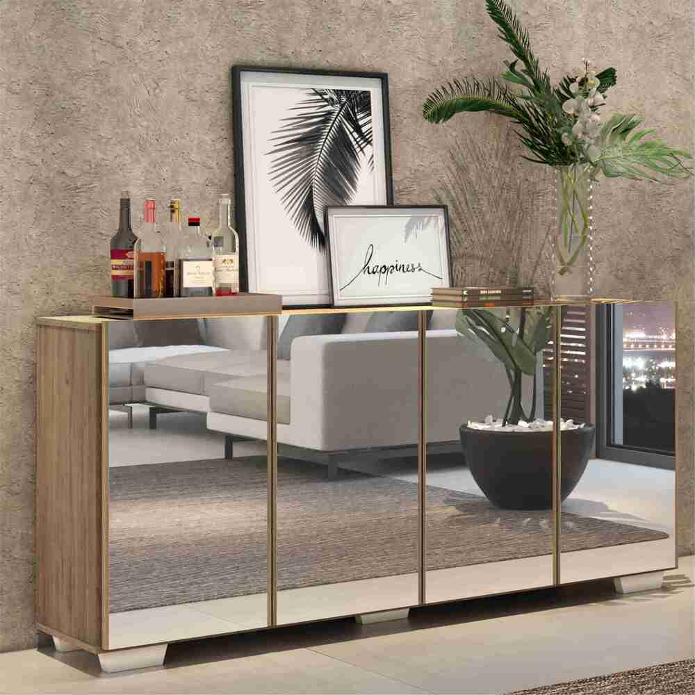 Aparador Buffet 4 portas c/ Espelho e Pés Quadrados Vegas Multimóveis Rustic/Branco