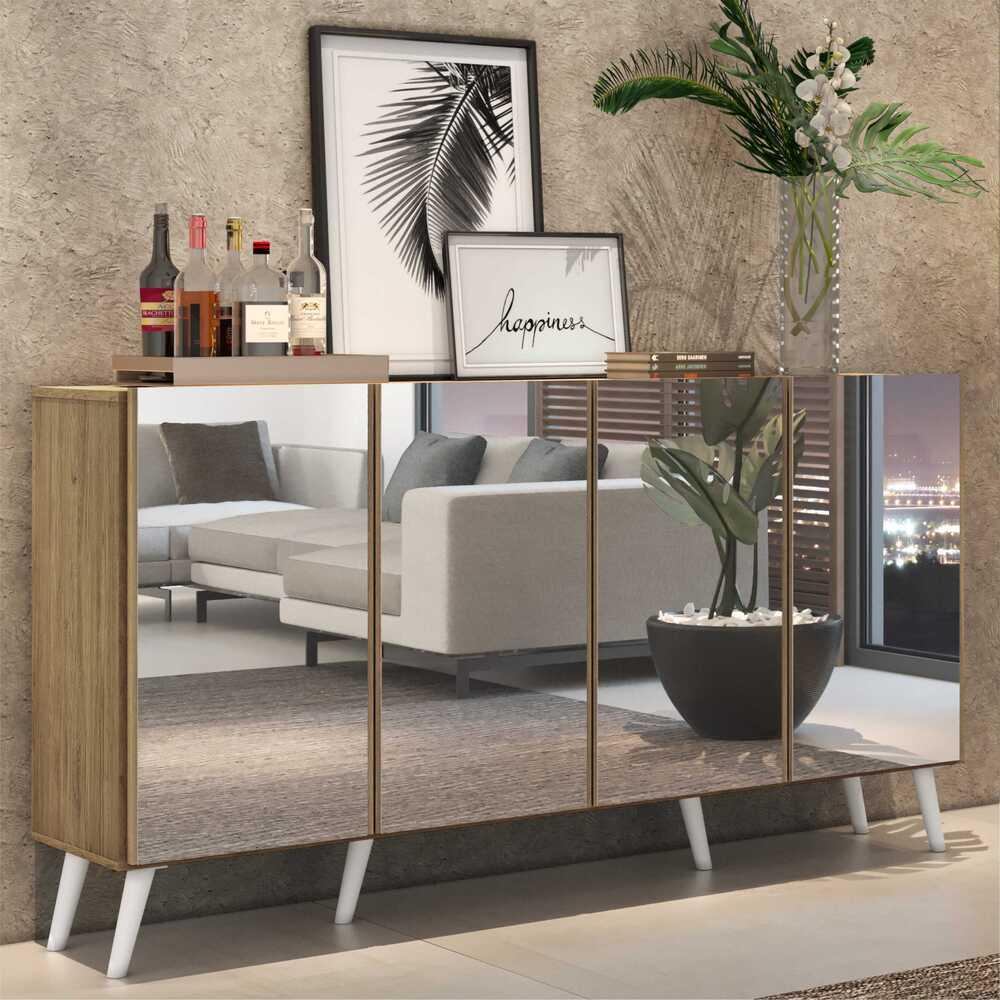 Aparador Buffet 4 portas c/ Espelho e Pés Retrô Vegas Multimóveis Rustic/Branco Aparador Buffet 4 portas c/ Espelho e Pés Retrô Vegas Multimóveis Rustic/Branco
