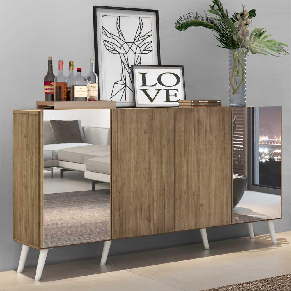Aparador Buffet c/ Espelho e Pés Retrô Vegas Multimóveis Rustic/Branco Aparador Buffet c/ Espelho e Pés Retrô Vegas Multimóveis Rustic/Branco