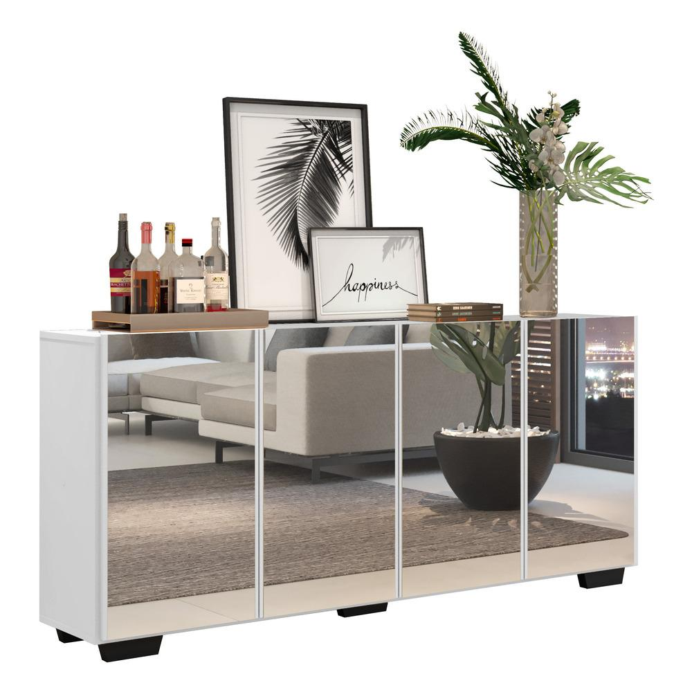 Aparador Buffet 4 portas com Espelho e Pés Quadrados Vegas Multimóveis V3560 Branco/Preto