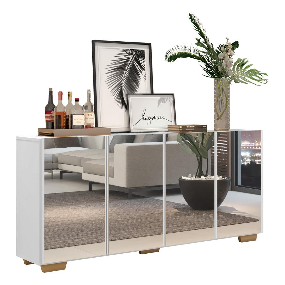 Aparador Buffet 4 portas com Espelho e Pés Quadrados Vegas Multimóveis V3560 Branco/Natural Aparador Buffet 4 portas com Espelho e Pés Quadrados Vegas Multimóveis V3560 Branco/Natural