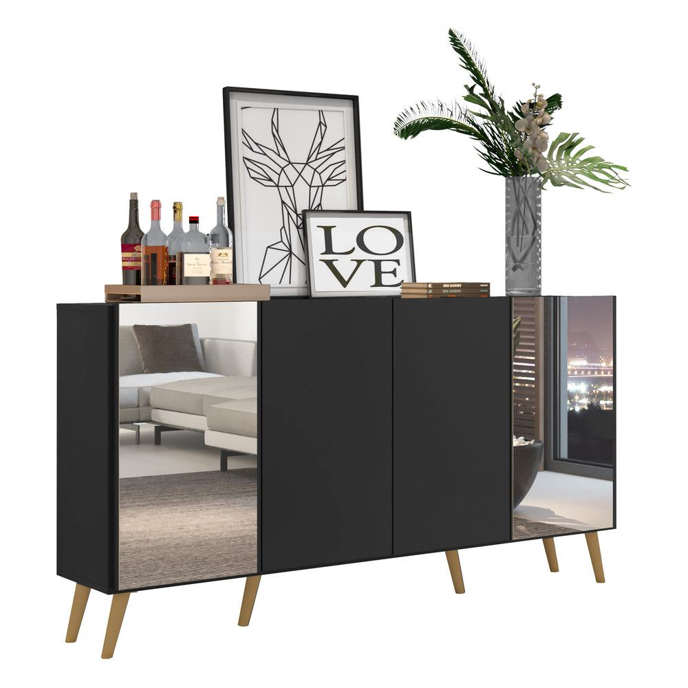 Aparador Buffet 4 Portas com Espelho Retrô Vegas Multimóveis V3562 Preto/Natural