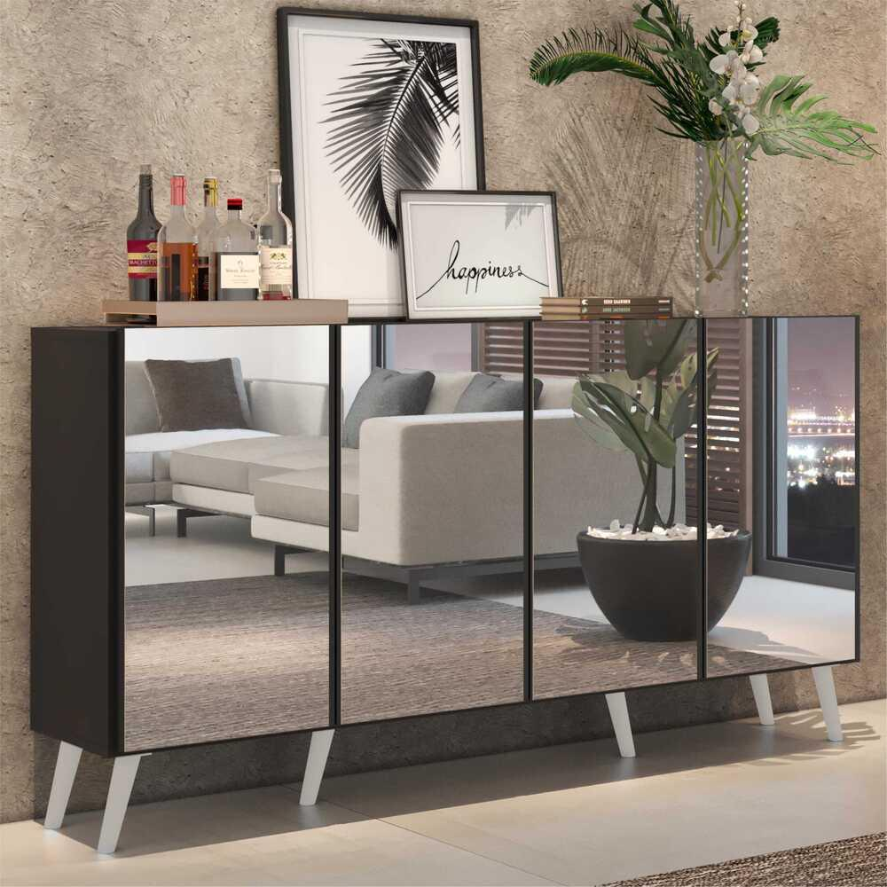Aparador Buffet 4 portas c/ Espelho e Pés Retrô Vegas Multimóveis Preto/Branco