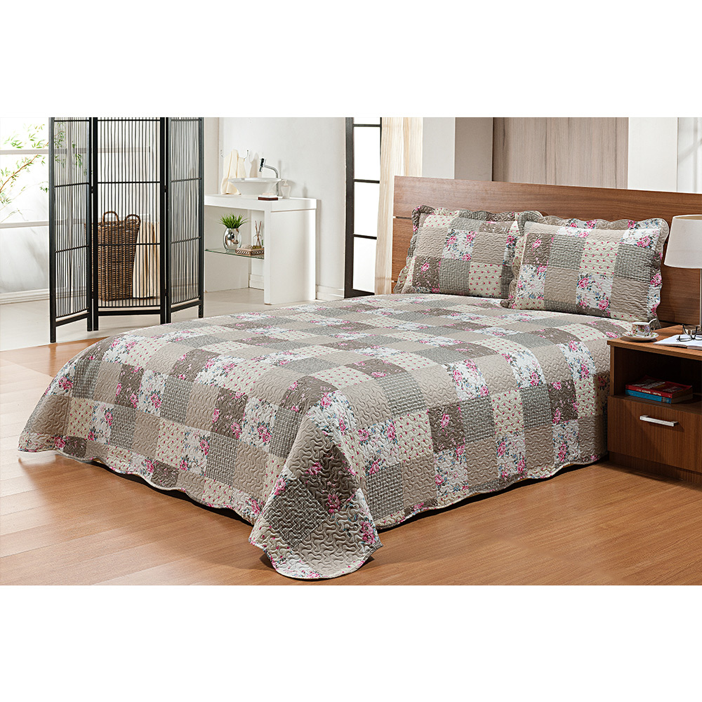 Colcha Mikonos Casal 3 peças Floral Bege Niazitex Colcha Mikonos Casal 3 peças Floral Bege Niazitex