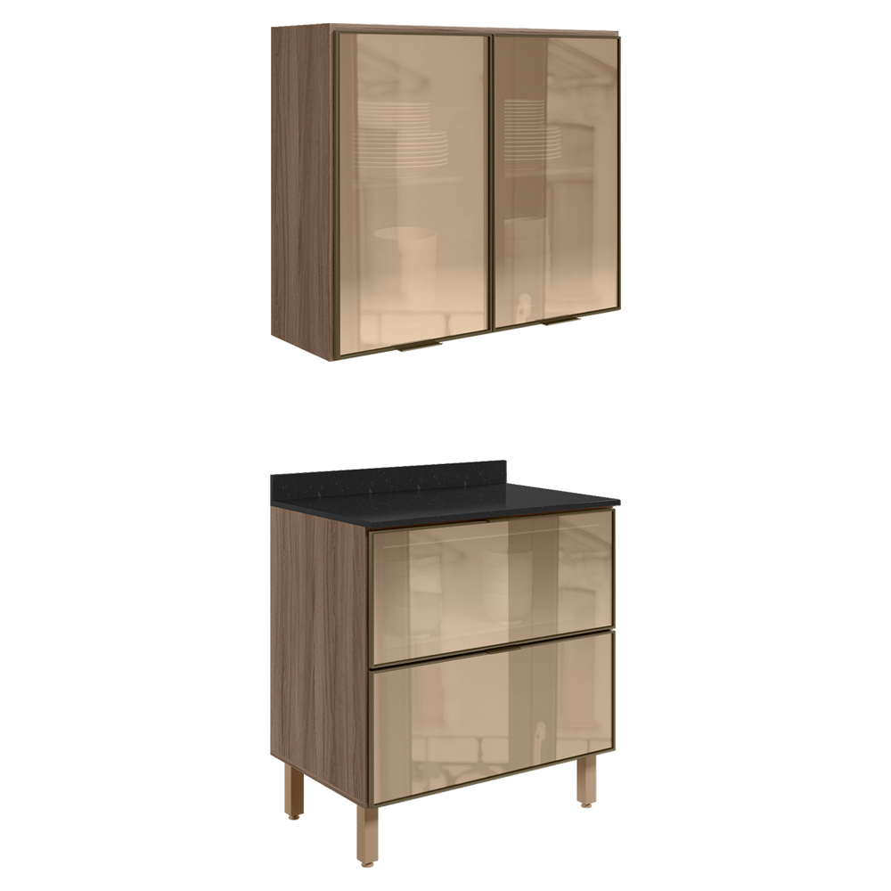 Armario Aereo e Balcao em Vidro 2P 2G 80 cm MDF Kali Carvalho Toq Nicioli Armario Aereo e Balcao em Vidro 2P 2G 80 cm MDF Kali Carvalho Toq Nicioli