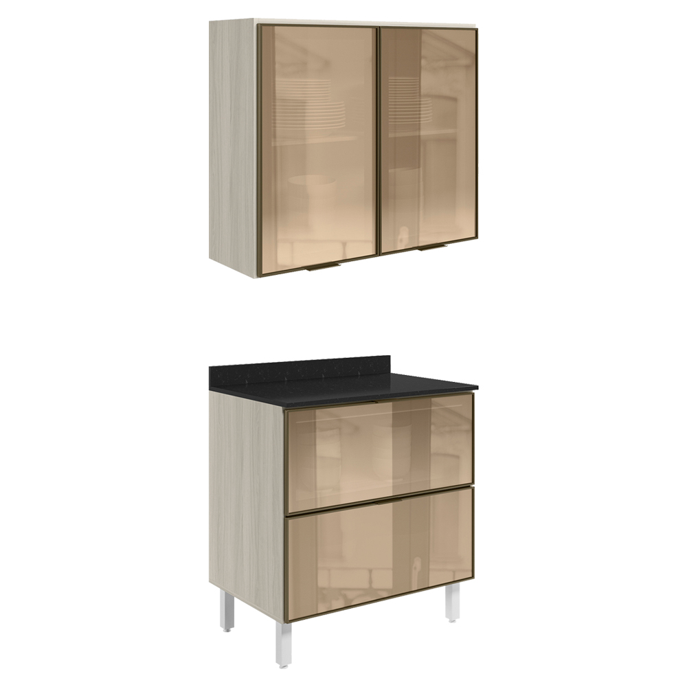 Armario Aereo e Balcao em Vidro 2P 2G 80 cm MDF Kali Bianco Toq Nicioli Armario Aereo e Balcao em Vidro 2P 2G 80 cm MDF Kali Bianco Toq Nicioli