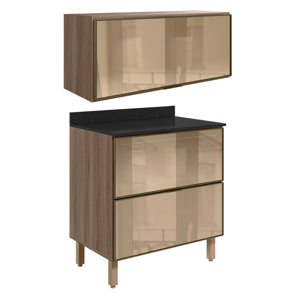 Armario Aereo E Balcao Em Vidro 1P 2G 80cm MDF Kali Carvalho Toq Nicioli Armario Aereo E Balcao Em Vidro 1P 2G 80cm MDF Kali Carvalho Toq Nicioli