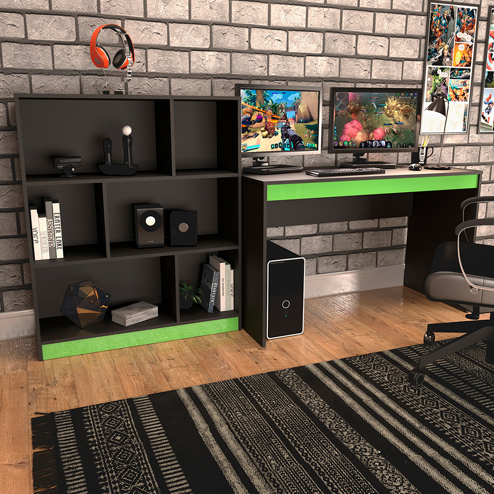 Conjunto de Mesa Gamer Hype com Estante de Escritório Darci Preto e Verde Conjunto de Mesa Gamer Hype com Estante de Escritório Darci Preto e Verde