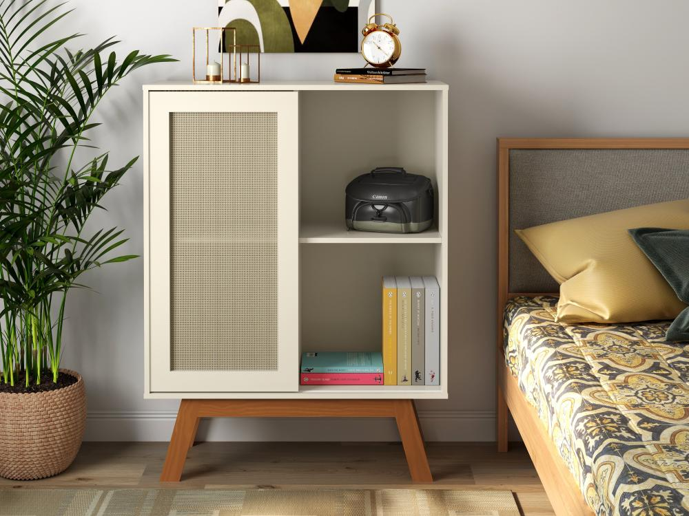 Balcao Alto Aparador Buffet Com Porta De Correr Rattan Pés Em Madeira Off White Balcao Alto Aparador Buffet Com Porta De Correr Rattan Pés Em Madeira Off White