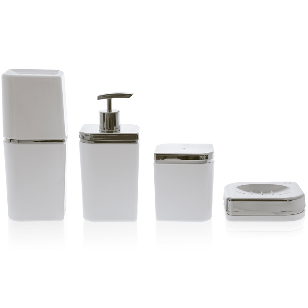 Conjunto Banheiro 4 Peças Sabonete Algodão Cotonete Escova Branco E Prata Conjunto Banheiro 4 Peças Sabonete Algodão Cotonete Escova Branco E Prata