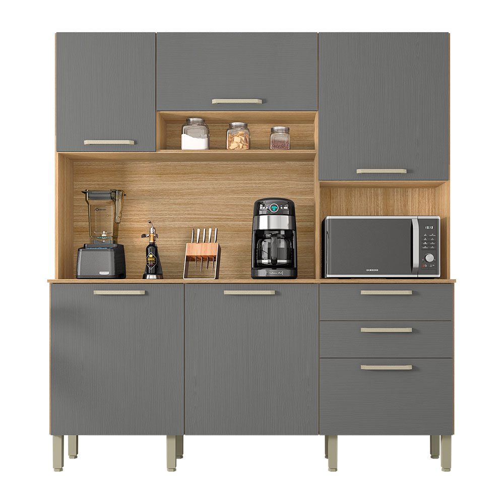 Armário de Cozinha Compacta 6 Portas e 2 Gavetas 180cm Dali Freijó/Grafite - Pallazio Armário de Cozinha Compacta 6 Portas e 2 Gavetas 180cm Dali Freijó/Grafite - Pallazio