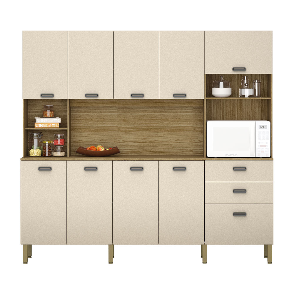 Armário de Cozinha Compacta 10 Portas e 2 Gavetas 222cm Sense Freijó/Vanilla - Pallazio Armário de Cozinha Compacta 10 Portas e 2 Gavetas 222cm Sense Freijó/Vanilla - Pallazio