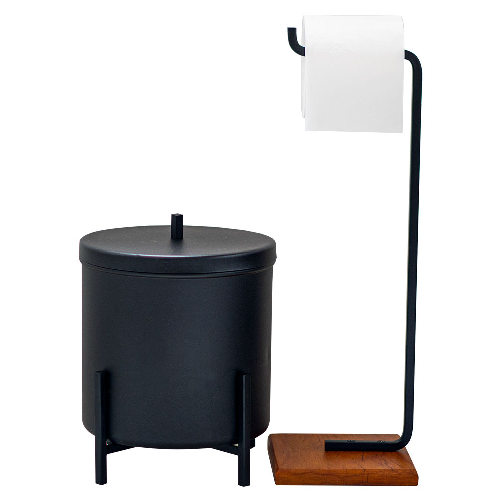 Kit Lixeira 6L e Porta Papel Higiênico Eleganza Metal Preto e Madeira - Pallazio Kit Lixeira 6L e Porta Papel Higiênico Eleganza Metal Preto e Madeira - Pallazio