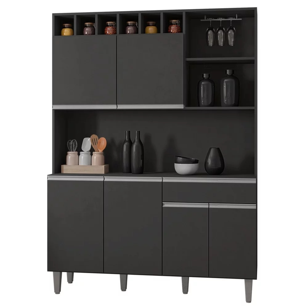 Kit Cozinha Compacta 130cm com 6 Portas e 1 Gaveta Nicole Cinza Escuro - Pallazio Kit Cozinha Compacta 130cm com 6 Portas e 1 Gaveta Nicole Cinza Escuro - Pallazio