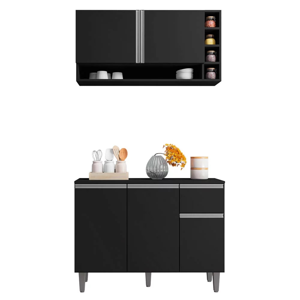 Kit Balcão de Cozinha e Armário Aéreo Elis Preto - Pallazio Kit Balcão de Cozinha e Armário Aéreo Elis Preto - Pallazio