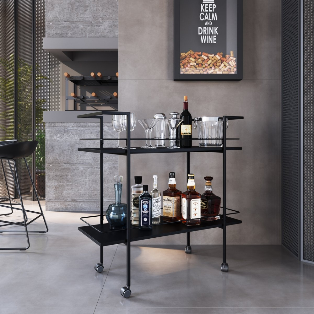 Carrinho Bar Industrial 2 Prateleiras com Rodízios Preto Carrinho Bar Industrial 2 Prateleiras com Rodízios Preto