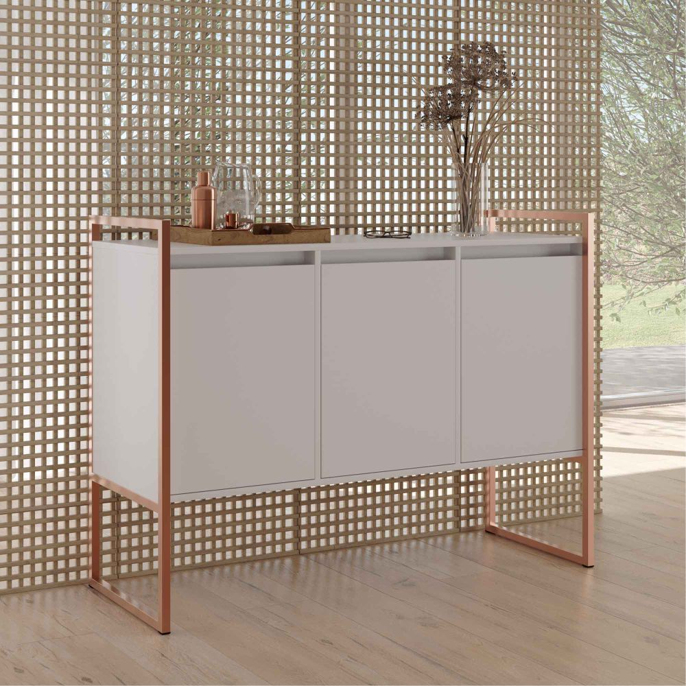 Balcão Buffet Aparador Industrial 3 Portas - Branco/Cobre Balcão Buffet Aparador Industrial 3 Portas - Branco/Cobre