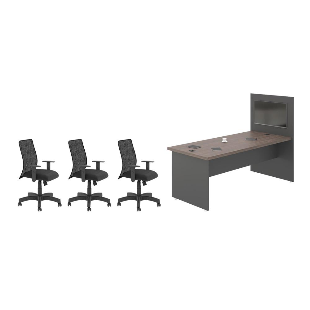 Jogo Painel e Mesa de Escritório Com 3 Cadeiras Freijó Preto Jogo Painel e Mesa de Escritório Com 3 Cadeiras Freijó Preto