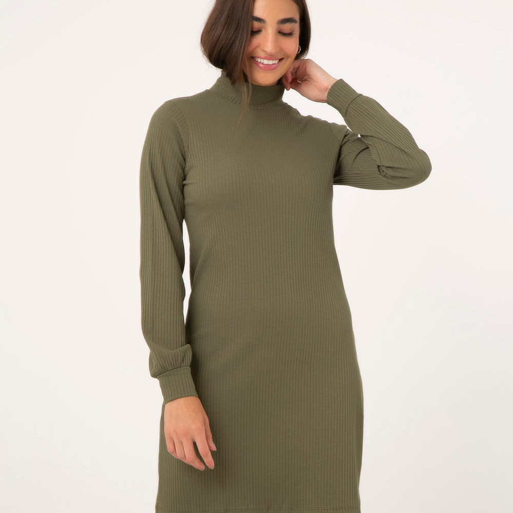 Vestido Canelado Curto Manga Longa Bufante Gola Alta Verde Vestido Canelado Curto Manga Longa Bufante Gola Alta Verde