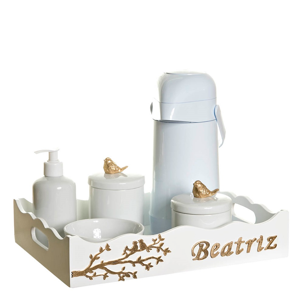 Kit Higiene Pássaros Com 6 Peças E Nome Do Bebê Quarto Bebê Kit Higiene Pássaros Com 6 Peças E Nome Do Bebê Quarto Bebê