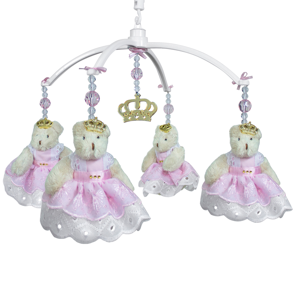 Móbile Musical Ursa Princesa Rosa e Coroa Dourada Quarto Bebê Infantil Menina Móbile Musical Ursa Princesa Rosa e Coroa Dourada Quarto Bebê Infantil Menina