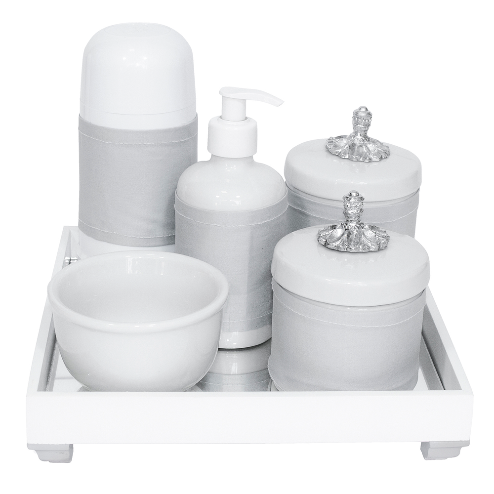 Kit Higiene Espelho Completo Porcelanas, Garrafa Pequena e Capa Provençal Prata Quarto Bebê Unissex Kit Higiene Espelho Completo Porcelanas, Garrafa Pequena e Capa Provençal Prata Quarto Bebê Unissex