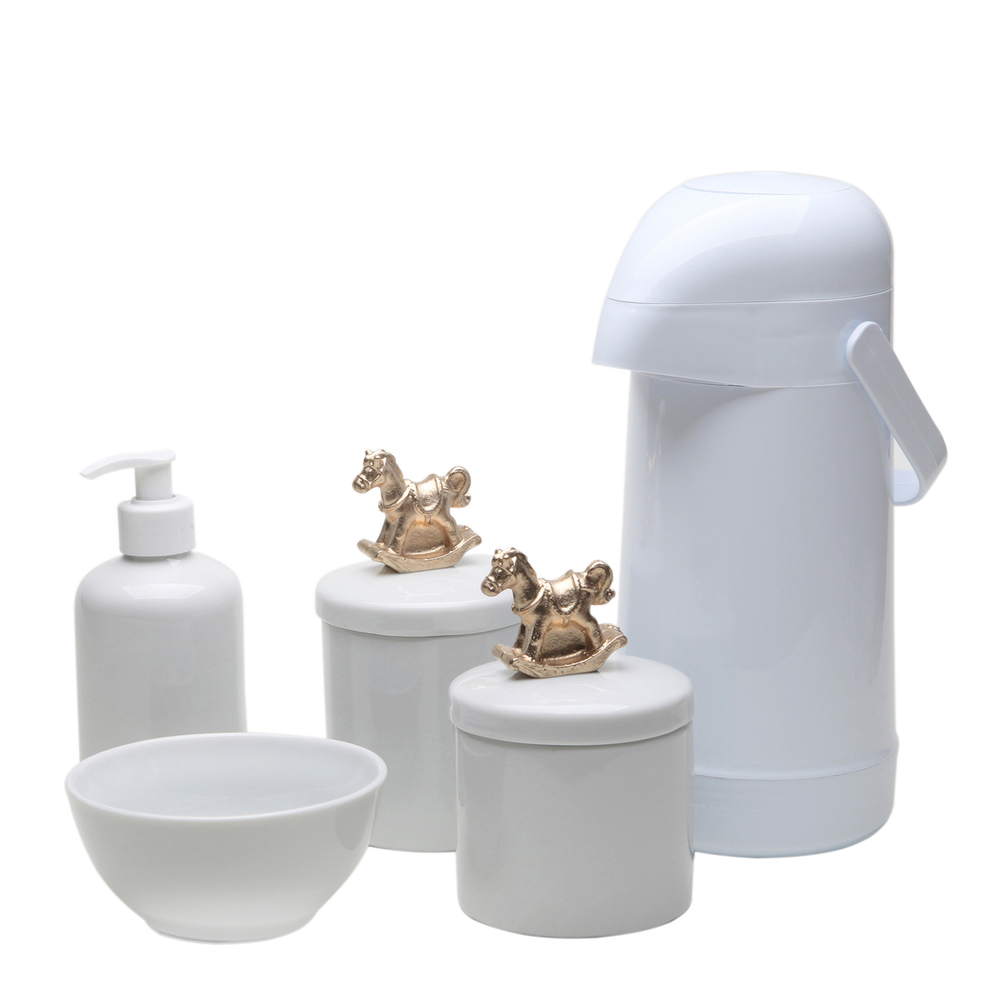 Potes, Garrafa, Molhadeira e Porta Álcool-Gel Cavalinho Dourado Quarto Bebê Infantil Menina Menino Potes, Garrafa, Molhadeira e Porta Álcool-Gel Cavalinho Dourado Quarto Bebê Infantil Menina Menino