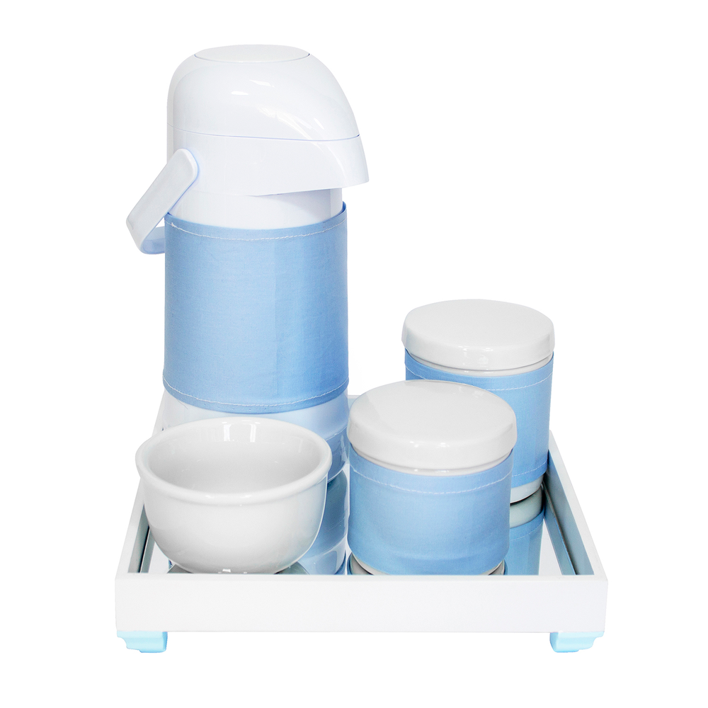 Kit Higiene Espelho Potes, Garrafa, Molhadeira e Capa Azul Quarto Bebê Menino Kit Higiene Espelho Potes, Garrafa, Molhadeira e Capa Azul Quarto Bebê Menino
