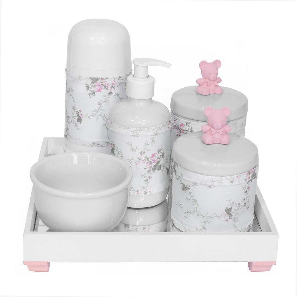 Kit Higiene Espelho Completo Porcelanas, Garrafa Pequena e Capa Ursinho Rosa Quarto Bebê Menina Kit Higiene Espelho Completo Porcelanas, Garrafa Pequena e Capa Ursinho Rosa Quarto Bebê Menina