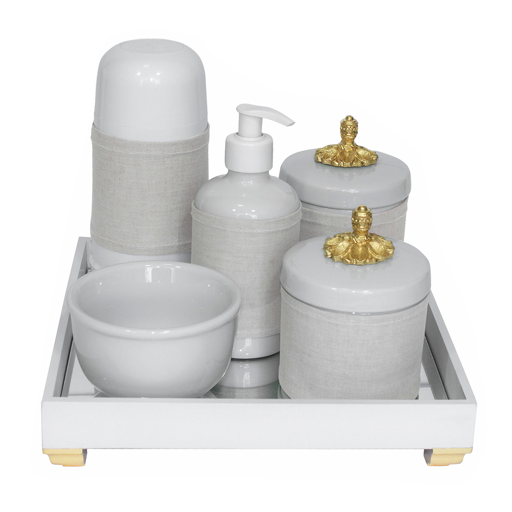 Kit Higiene Espelho Completo Porcelanas, Garrafa Pequena e Capa Provençal Dourado Quarto Bebê Unissex Kit Higiene Espelho Completo Porcelanas, Garrafa Pequena e Capa Provençal Dourado Quarto Bebê Unissex
