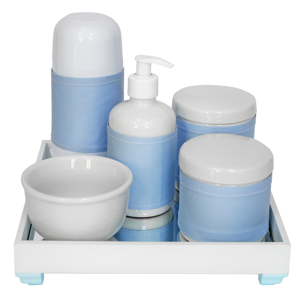 Kit Higiene Espelho Completo Porcelanas, Garrafa Pequena e Capa Azul Quarto Bebê Menino Kit Higiene Espelho Completo Porcelanas, Garrafa Pequena e Capa Azul Quarto Bebê Menino