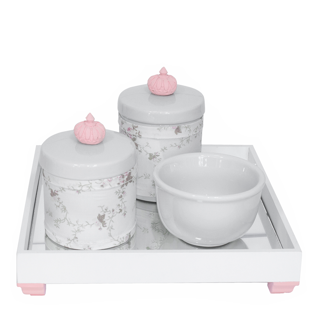Kit Higiene Espelho Potes, Molhadeira e Capa Coroa Rosa Quarto Bebê Menina Kit Higiene Espelho Potes, Molhadeira e Capa Coroa Rosa Quarto Bebê Menina